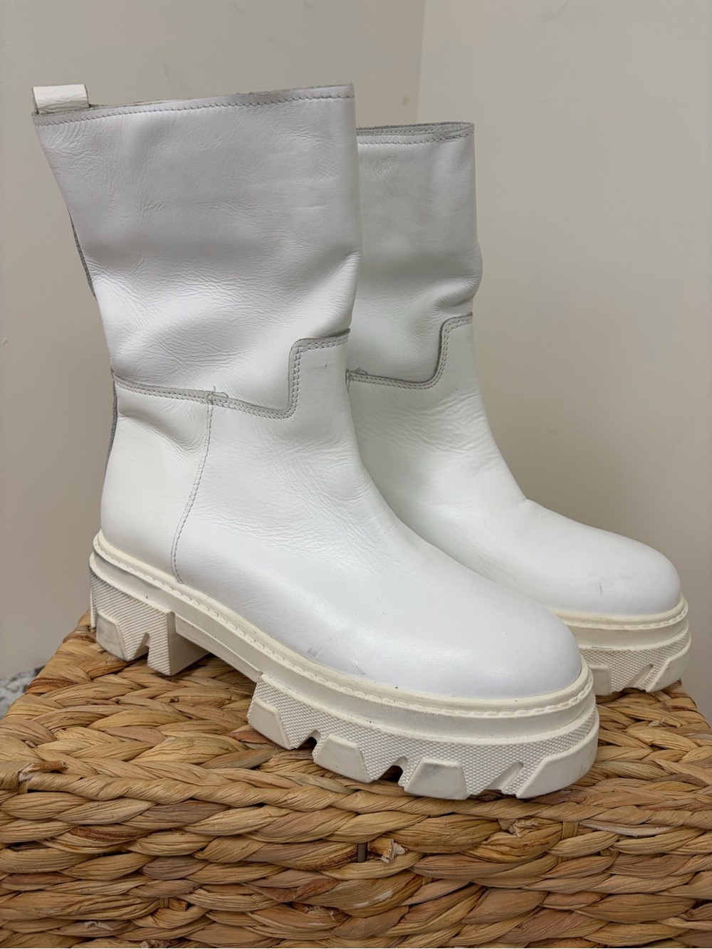 White Chunky Lug Platform Mid-Calf Boots